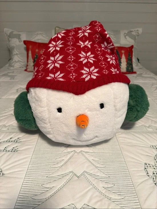 Plush Snowman Head Holiday Pillow with Red Knit Hat