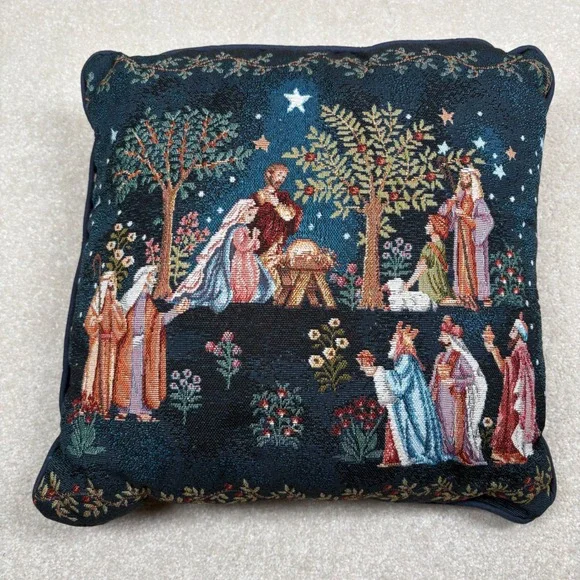 Christmas Nativity Tapestry Throw Pillow Navy Blue Woven Religious Decor 14.5in