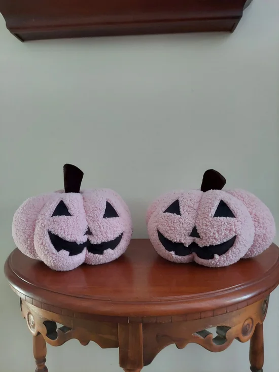 Set Of 2 Pink Sherpa Jack-O'-Lantern Pumpkin Decorative Pillows.