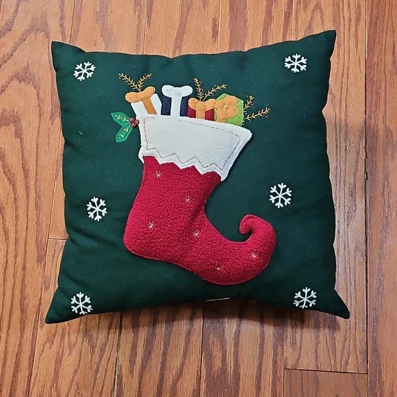 Vintage Christmas Pillow Green Red Stocking Dog Bones Couch Square