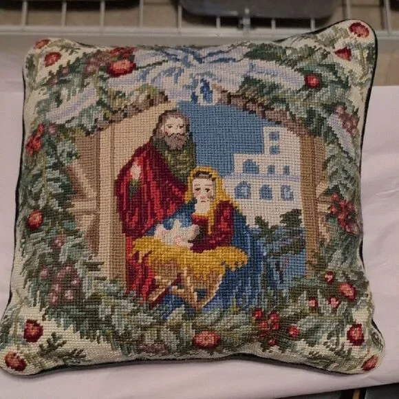 Holiday Nativity Scene Needlepoint Pillow Green Velvet Backing