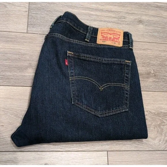 LEVI'S 505 MEN'S BLUE JEANS LOOSE STRAIGHT  STRETCH SIZE 38 X 30 DARK WASH EUC