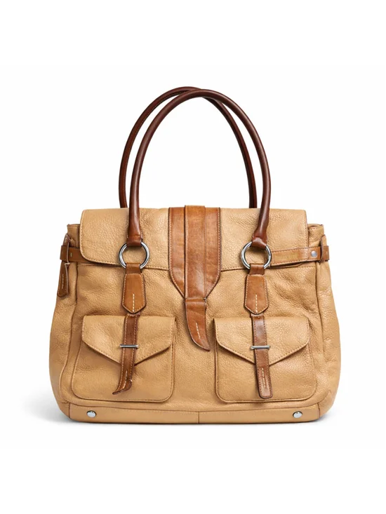 Tumi Tan & Cognac Leather Satchel Tote Double Pocket Ring Handle Bag