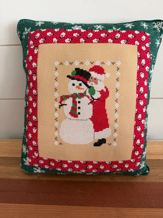 Handmade Cross Stitch Santa and Snowman Pillow