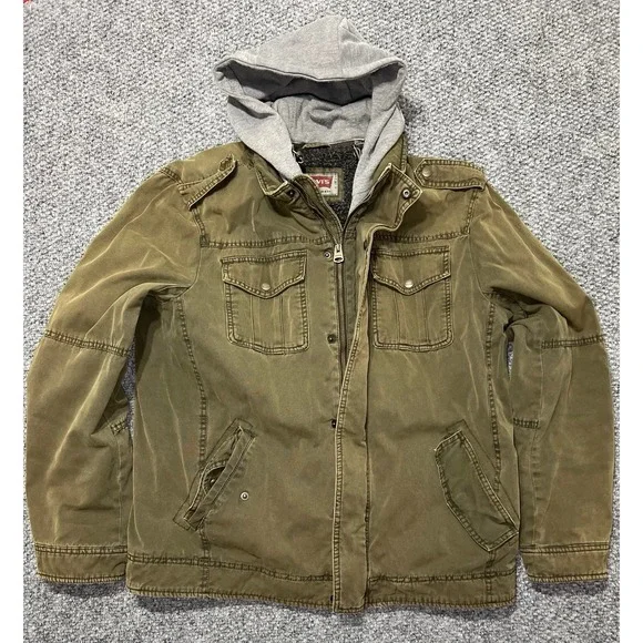 Levi's Olive Sherpa Lined Hooded Military Jacket Men's Size‎ L Full Zip