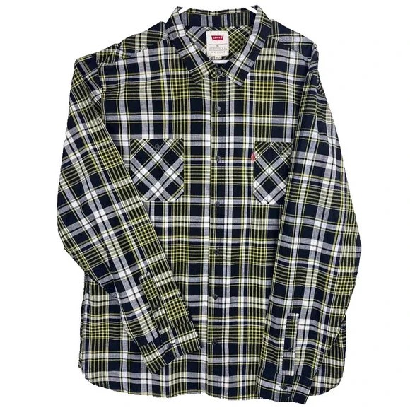 Levi's Honaker Plaid Flannel Shirt Mens 2XL Black Yellow Long Sleeve Button Up