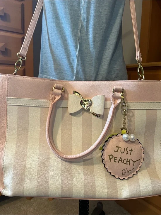 Betsey Johnson Pink and Cream Striped Satchel with Bow Charm