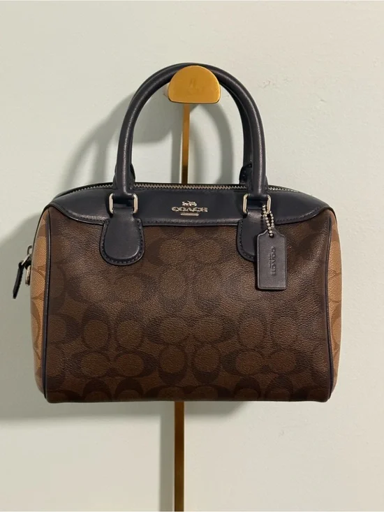 COACH Signature Canvas Satchel in two shades of brown and Navy Leather Trim! 🤩