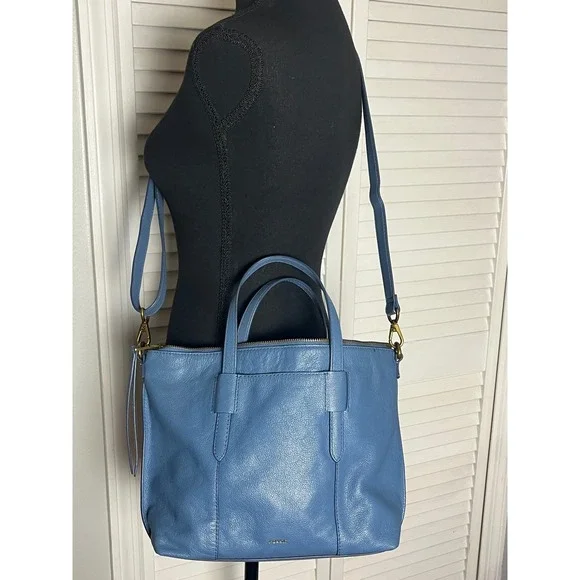 Fossil Blue Skylar Satchel Leather Shoulder Crossbody Bag Purse