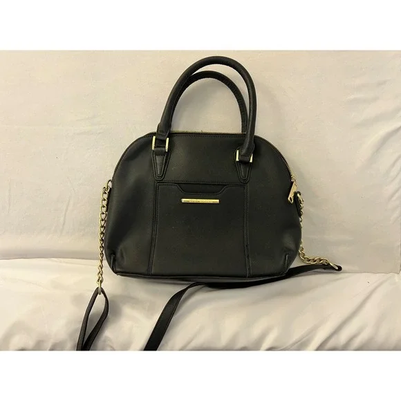 Steve Madden Black Saffiano Dome Satchel Crossbody Bag Gold Hardware ID527
