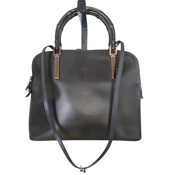 Gucci Vintage‎ Black Leather Bamboo Handle Satchel Crossbody Bag 000-0836 001364