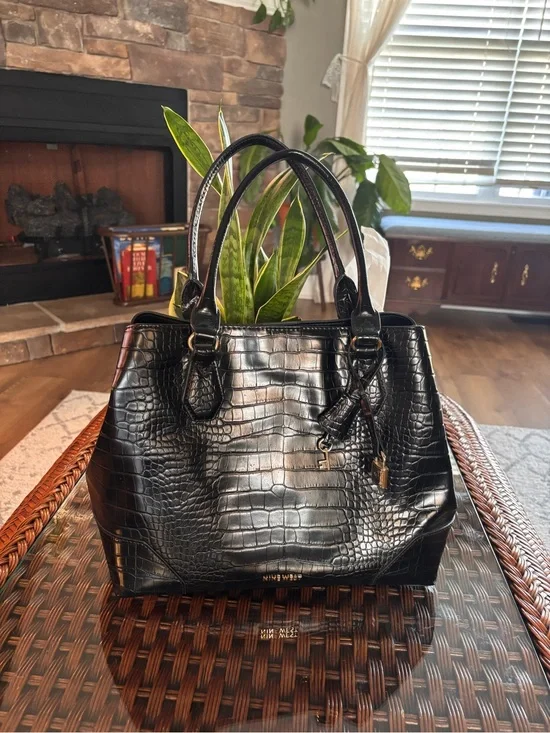 Nine West Black Croc-Embossed Satchel