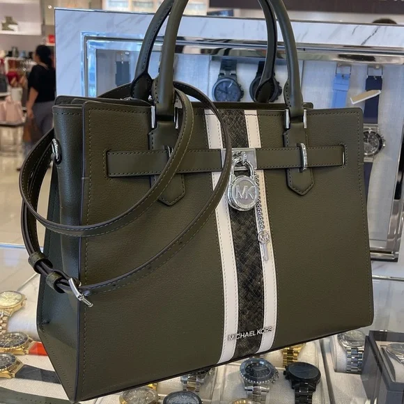 MICHAEL KORS Hamilton Med Leather and Snake Embossed Stripe Satchel Olive  NWT