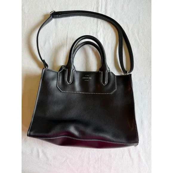 London Fog Black Faux Leather Satchel Crossbody Bag White Contrast Stitching