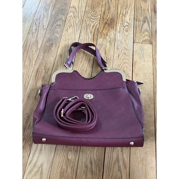 Elegant‎ Burgundy Top Handle Satchel Bag with Shoulder Strap Gold Hardware