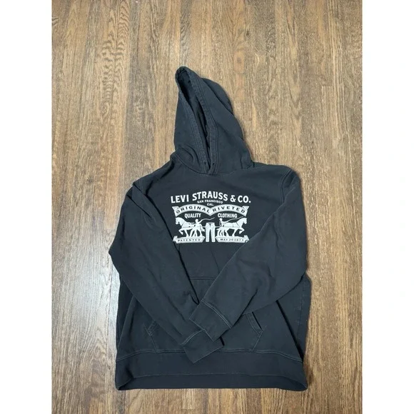Levi Strauss & Co Black Two Horse Logo Graphic Pullover Hoodie Mens Large
