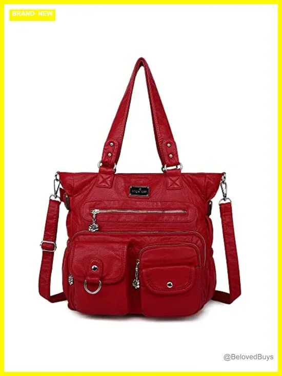 Large PU Leather Satchel Handbag with Adjustable Strap, 7 Pockets, Zipper