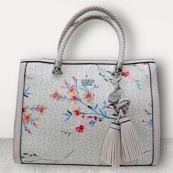 GUESS Floral Monogram Satchel‎ Bag Pink Multi PR681906 Braided Handle Tassel