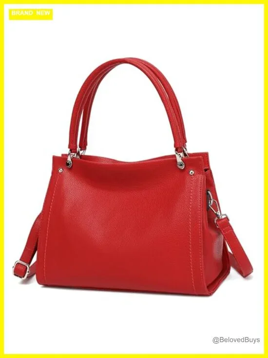 Lychee-Textured Vegan Leather Satchel Tote with Shoulder Strap, 6 Pockets