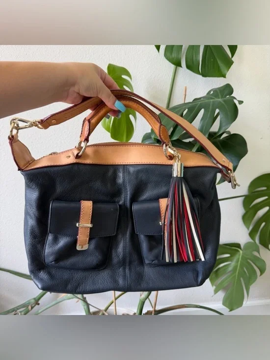 LTD ED 2014 Naomi Watts Tommy Hilfiger Leather Bag Navy Tan Tassel STUNNING