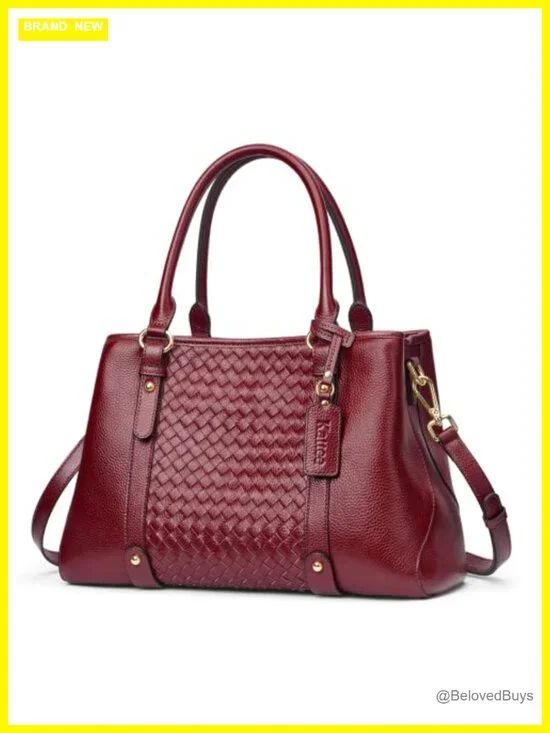 Genuine Leather Top Handle Satchel Crossbody Hobo Bag with Woven Design