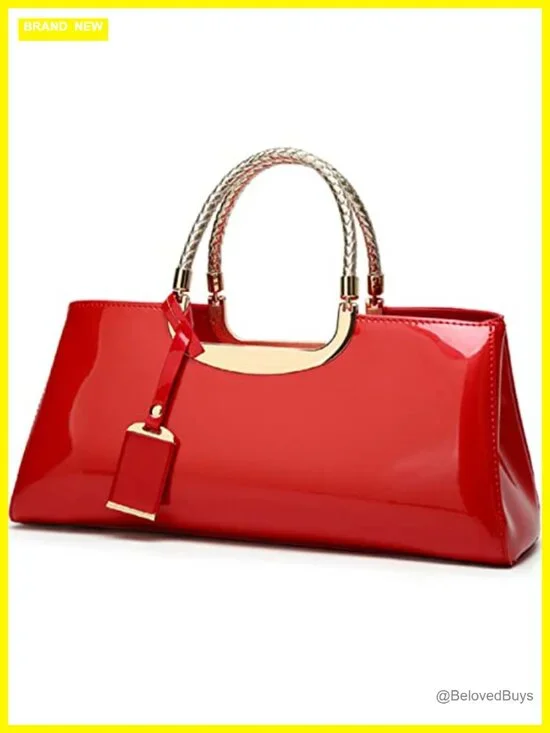 Faux Patent Leather Top-Handle Tote Satchel Evening Party Bag Structured