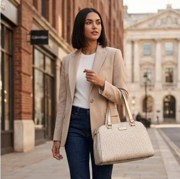 Calvin Klein Large Almond Monogram Satchel - Like New | Metallic Gold & Cream