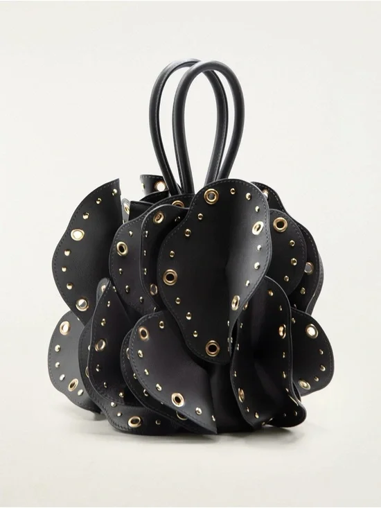 FARM Rio Black Floral Petal Eyelet Satchel with Gold Hardware