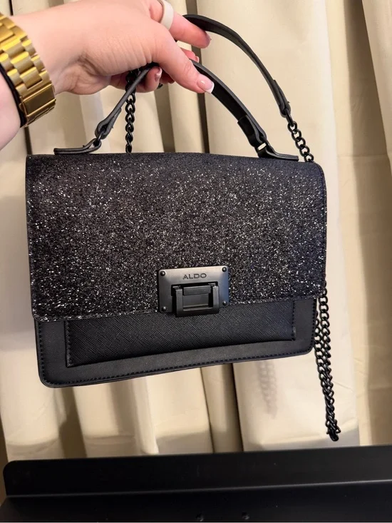 Aldo Black Glitter Top-Handle Satchel with Chain Strap