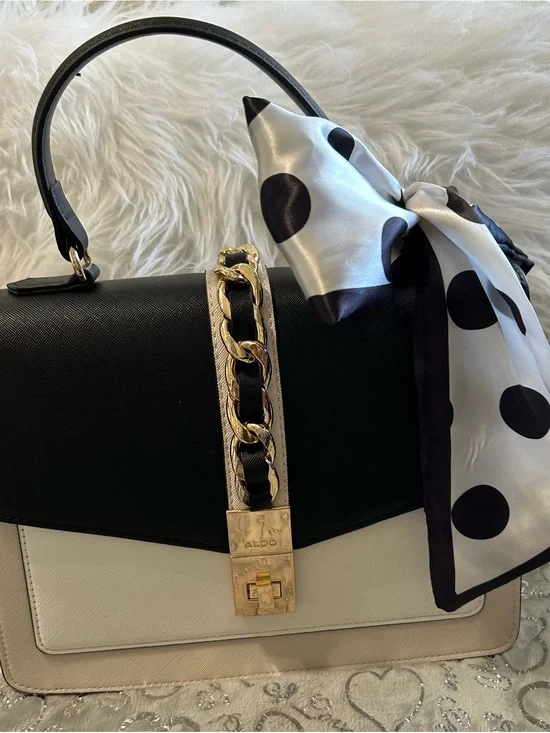 NWT Aldo, Medium,  Black and Cream Top-Handle Satchel with Gold Chain Accent