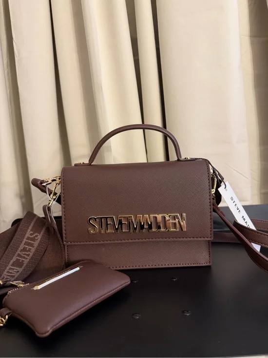Steve Madden Brown Saffiano Top-Handle Satchel with Gold Logo