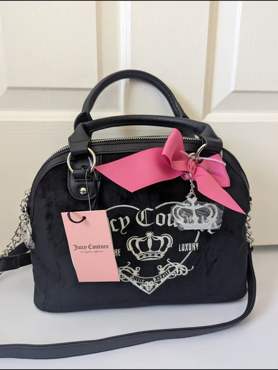 Juicy Couture Black Velvet Dome Satchel with Pink Bow Crown Charm Girlie Royalty
