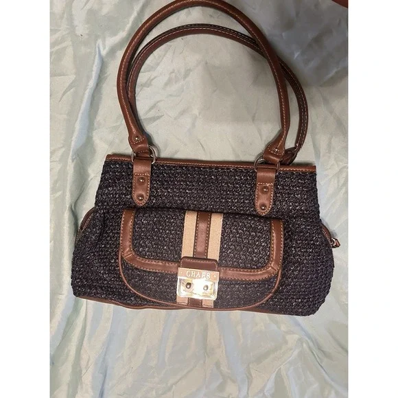 Chaps‎ Marcie Triple Satchel Navy Woven Straw Faux Leather Shoulder Bag 1