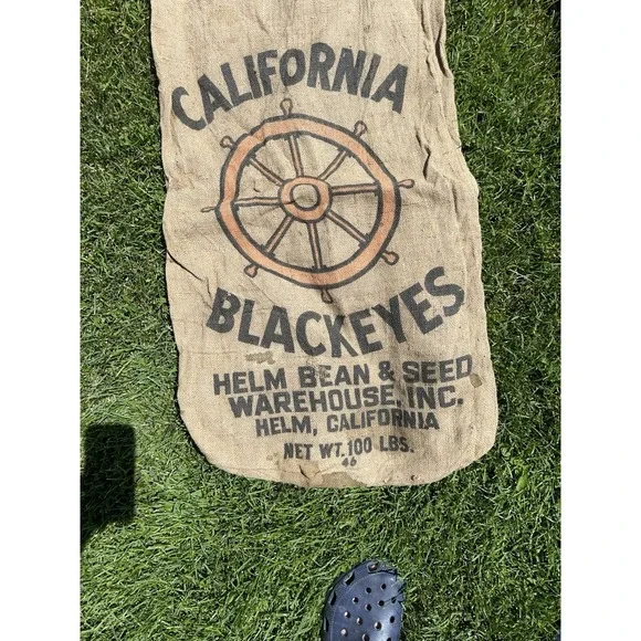 Vintage California Blackeyes Bean Seed Burlap Sack Helm CA 100 Lb Farm Bag