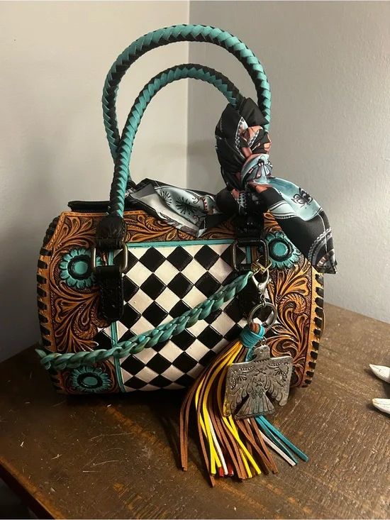 Turquoise & Brown Western Tooled Satchel with Checkered Panel