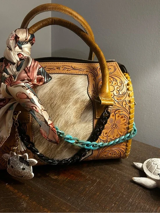 Hand-Tooled Leather Satchel Tote with Hair-On Hide - Tan & Cream