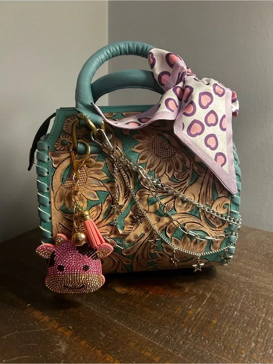 Teal Floral Tooled Leather Satchel with Pink Scarf Accent