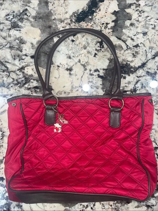 Source Unknown Red Quilted Tote with Brown Trim and Charm