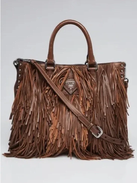 Prada large Brown Leather Fringe tote with Shoulder Strap studs