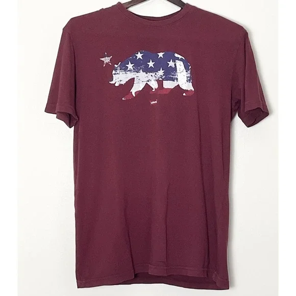 Levi's California Bear T-Shirt Men's Small Maroon Graphic Tee Heritage Americana