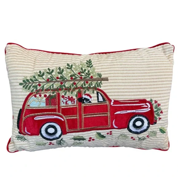 Secret Celebrity Christmas Pillow Red Car Tree Embroidered‎ 14x20 Throw Cushion
