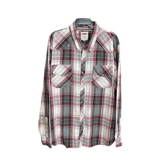 Levis Mens 3XL Shirt Pearl Snap Red Gray Multi Plaid Cotton Blend Long Sleeve L7