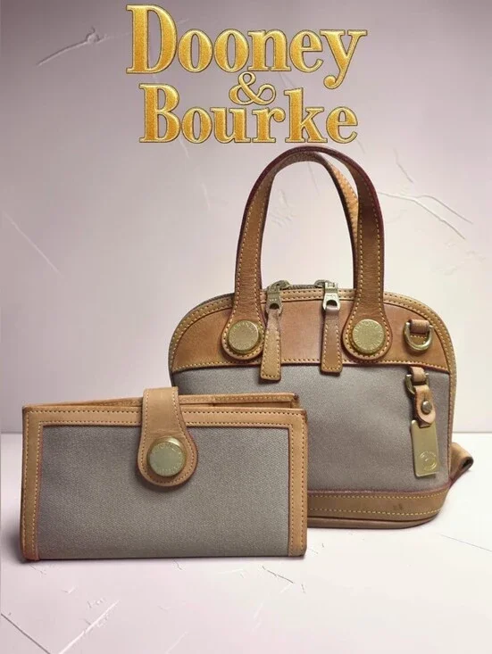 Dooney & Bourke VTG Khaki Canvas and Tan Leather Mini Satchel with Wallet Set