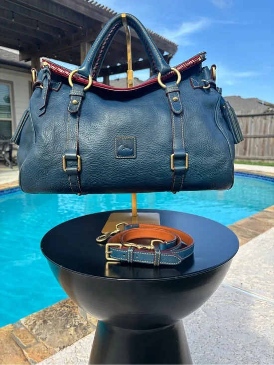 Dooney & Bourke Florentine Large Satchel Denim Blue with Red Interior