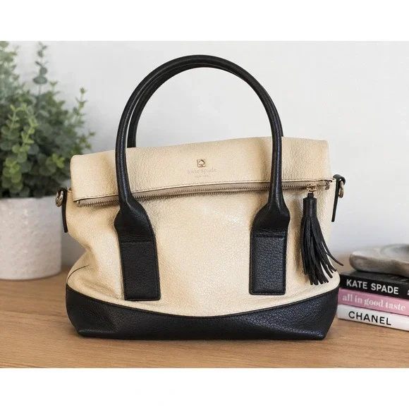 Kate Spade New York Cream Black Pebbled Leather Satchel Purse Missing Strap