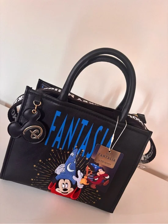 Disney Black Fantasia Mickey Satchel with Blue Lettering