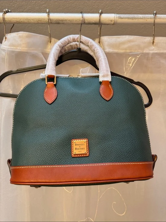 Dooney & Bourke Green Pebble Leather Satchel with Brown Trim (R343, Forest, NWT)