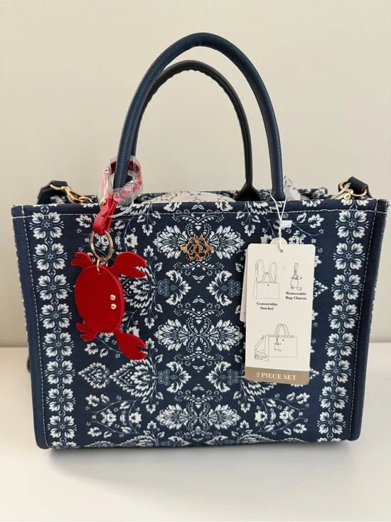 Floral Navy Convertible Satchel with Red Crab Charm