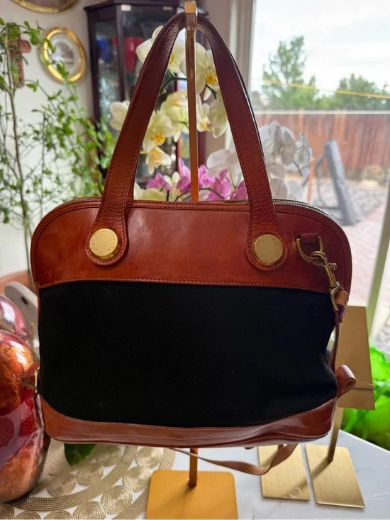 Dooney & Bourke Black Canvas Satchel with Brown Leather Trim