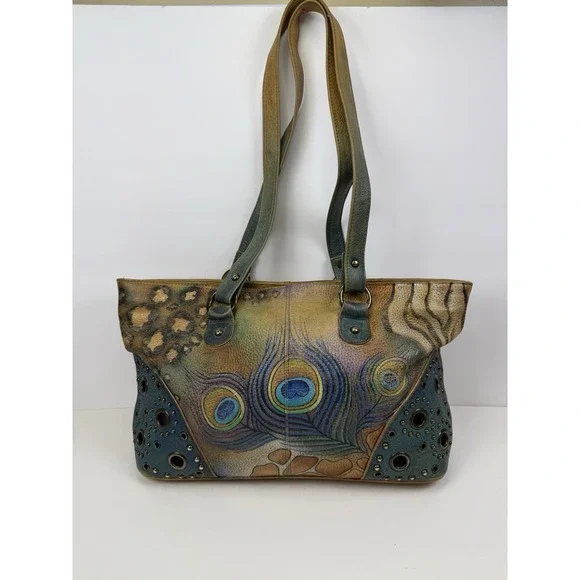 Anuschka peacock feather satchel bag studded blue hand painted signed art purse